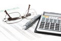Pen, Calculator and glasses Royalty Free Stock Photo
