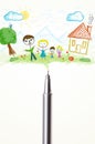 Pen close-up with a drawing of a family Royalty Free Stock Photo