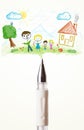 Pen close-up with a drawing of a family Royalty Free Stock Photo