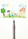 Pen close-up with a drawing of a family Royalty Free Stock Photo