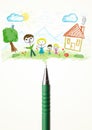 Pen close-up with a drawing of a family Royalty Free Stock Photo