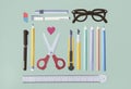 Pen Color Pencil Scissor Eraser Ruler Eyeglasses Concept