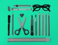 Pen Color Pencil Scissor Eraser Ruler Eyeglasses Concept