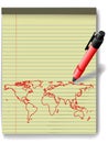 Pen drawing World Map on Legal Pad Paper red ink Royalty Free Stock Photo