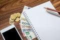 Pen, euro banknotes and calculator, mobile and empty notebook Royalty Free Stock Photo