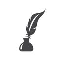 Pen feather in ink bottle black vector icon. Inkstand or ink well with bird feather.