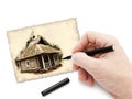 Pen in hand drawing old chapel Royalty Free Stock Photo