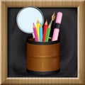 Pen holder on blackboard. Vector illustration decorative design