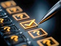 Pen hovering over a highlighted glowing checkbox with a checkmark among multiple illuminated question mark boxes on a sleek dark Royalty Free Stock Photo