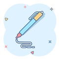 Pen icon in comic style. Ballpoint vector cartoon illustration on white isolated background. Office stationery splash effect