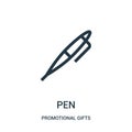 pen icon vector from promotional gifts collection. Thin line pen outline icon vector illustration. Linear symbol for use on web