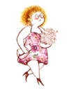 The plump red haired girl with glasses and bouquet of flowers Royalty Free Stock Photo