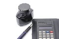 Pen, ink and calculator isolated Royalty Free Stock Photo