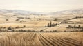 Harvest Valley: A Majestic Pencil Drawing Of Tuscan Hills