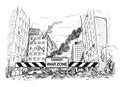 Hand Drawing of City Street Destroyed by War, Road Blocked by War Zone Sign Royalty Free Stock Photo