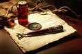 A pen, inkwell, and paper arranged on a table, the timeless tools for creating manuscripts, letters, and notes, An ancient