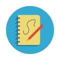 pen and notebook colored in blue badge icon. Element of school icon for mobile concept and web apps. Detailed pen and notebook ico