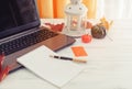 Pen, notebook, laptop, pumpkin, candle on a white background Royalty Free Stock Photo