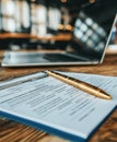 A pen and a notebook rest on a table beside an open laptop, creating an inviting workspace for writing and note-taking
