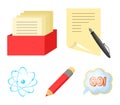 A pen with paper, a catalog in a box, a red pencil, an atom with a core. School set collection icons in cartoon style Royalty Free Stock Photo