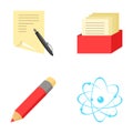 A pen with paper, a catalog in a box, a red pencil, an atom with a core. School set collection icons in cartoon style Royalty Free Stock Photo