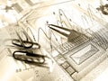 Pen and paper-clipses against the graph (sepia) Royalty Free Stock Photo