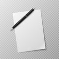 Pen and paper sheet. Blank white paper sheet and ballpoint pen top view mockup. Write message, letter or note realistic Royalty Free Stock Photo