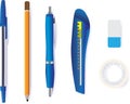 Pen pencil cutter eraser and tape