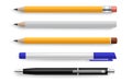 Pen and pencil. Realistic stationery tools for writing and drawing. Yellow and white objects with shadow above view