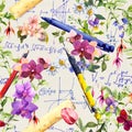 Pen, pencil, ruler - school supplies, flowers. Seamless education pattern with hand written notes. Watercolor