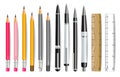 Pen, pencil and ruler Vector realistic set. 3d detailed illustrations