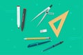 Pen, pencils, eraser, triangle rulers, marker, biro pen, compass divider vector, stationery objects Royalty Free Stock Photo