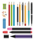 Pen and pencils. Office stationery school colored items of education help vector 3d realistic collection of plastic pen