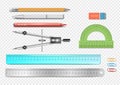 Pen, pencils and other tools used for draftsmanship .School set for painting and sketching.Ruler, Compasses, Eraser .Education and