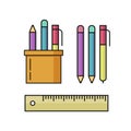 Pen and pencils, ruler vector illustration set on white Royalty Free Stock Photo