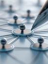 Pen pointing at a central node connected to multiple linked points representing a network structure and connectivity concept in a Royalty Free Stock Photo