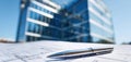 The pen rests upon blueprints in front of a modern glass office building. AI generated image Royalty Free Stock Photo