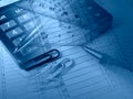 Pen, rulers, paper-clips and calculator (in blues) Royalty Free Stock Photo