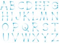 Pen scrath font.Blue vector letters on white background.