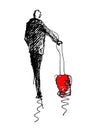 Man at airport carring a red suitcase, on wheels,