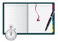 Pen, spiral notepad and stopwatch