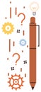 Creative Problem-Solving Concept with Pen, Gears, Lightbulb, and Question Marks Royalty Free Stock Photo