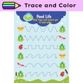 Pen tracing lines activity worksheet for children. Pencil control for kids practicing motoric skills. Frog educational
