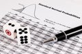 Pen and two dices on standard normal probabilities table. Royalty Free Stock Photo