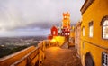 Pena Palace in Sintra, Lisbon, Portugal in the night lights. Famous landmark. Most beautiful castles in Europe