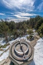 Penalara Natural Park winter scene. Old compass at `Mirador de la Gitana` viewpoint covered with snow. Madrid Community, Spain Royalty Free Stock Photo