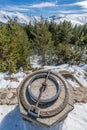 Penalara Natural Park winter scene. Old compass at `Mirador de la Gitana` viewpoint covered with snow. Royalty Free Stock Photo