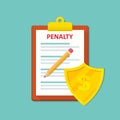 Penalty document icon with shield in a flat design. Vector illustration Royalty Free Stock Photo