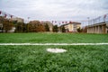 Penalty point on artificial grass football pitch Royalty Free Stock Photo