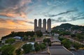 Beautiful view hotels during sunrise, haze weather in Penang City